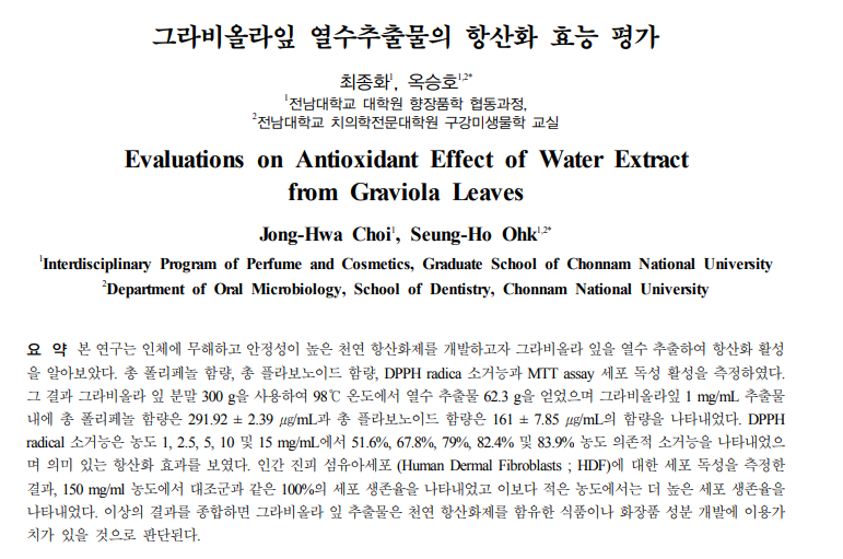 그라비올라잎 열수추출물의 항산화 효능 평가