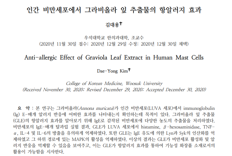 인간 비만세포에서 그라비올라 잎 추출물의 항 알러지 효과 논문
